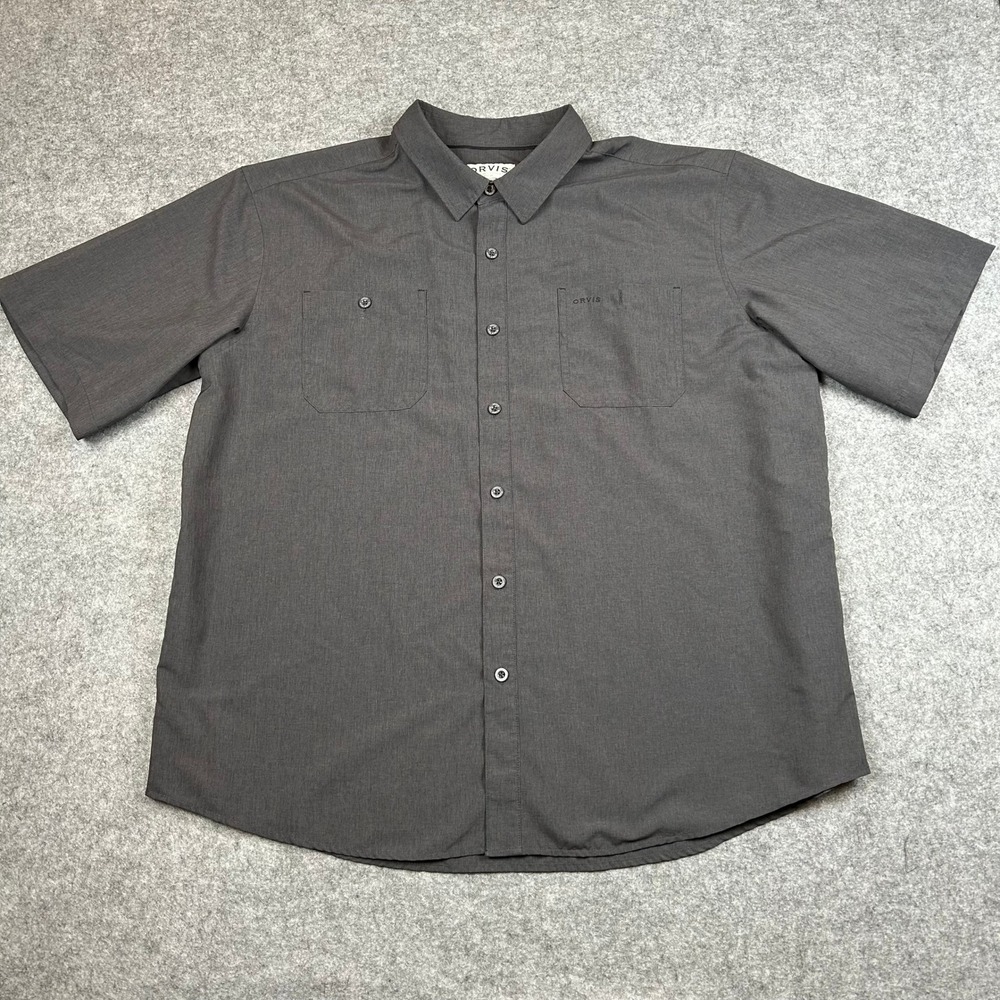 EUC Orvis Mens Tech Shirt Gray UPF 30 Quick Dry Short Sleeve Button Down Hiking